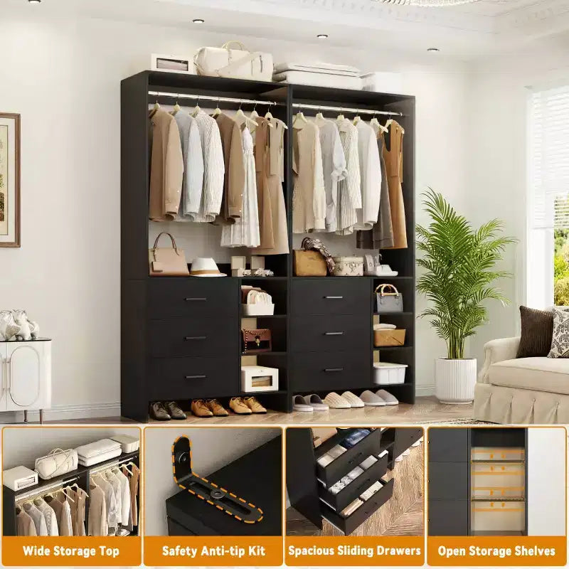 Besiost Set di 4 organizer per armadio con cassetti in legno e aste appendiabiti