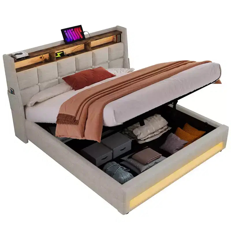 Letto Queen Size con Contenitore Idraulico, LED, USB, Testiera Imbottita, Nessuna Rete a Molle, Facile Montaggio