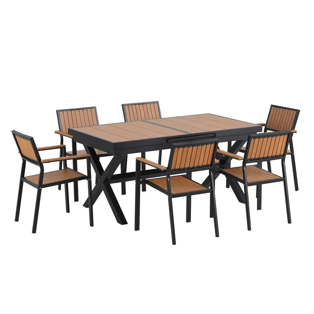 Set da pranzo da esterno moderno da 7 pezzi con sei sedie e un tavolo allungabile per patio
