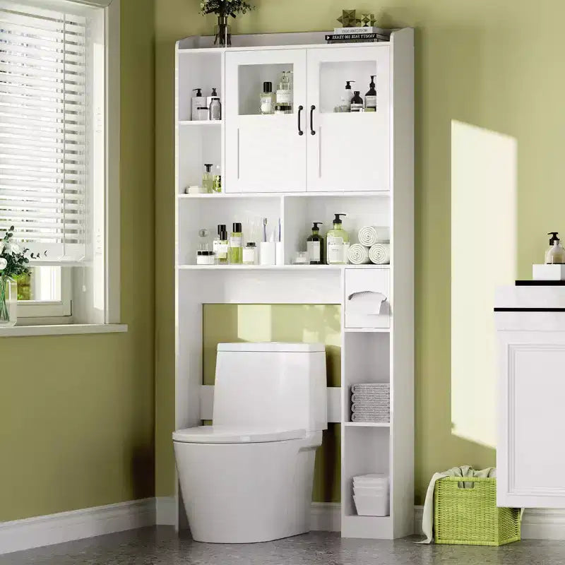Mobiletto salvaspazio sopra il WC - Organizer e mobiletto da bagno in stile rustico da 67,4 H con ripiano regolabile e anta in vetro per bagno, lavanderia