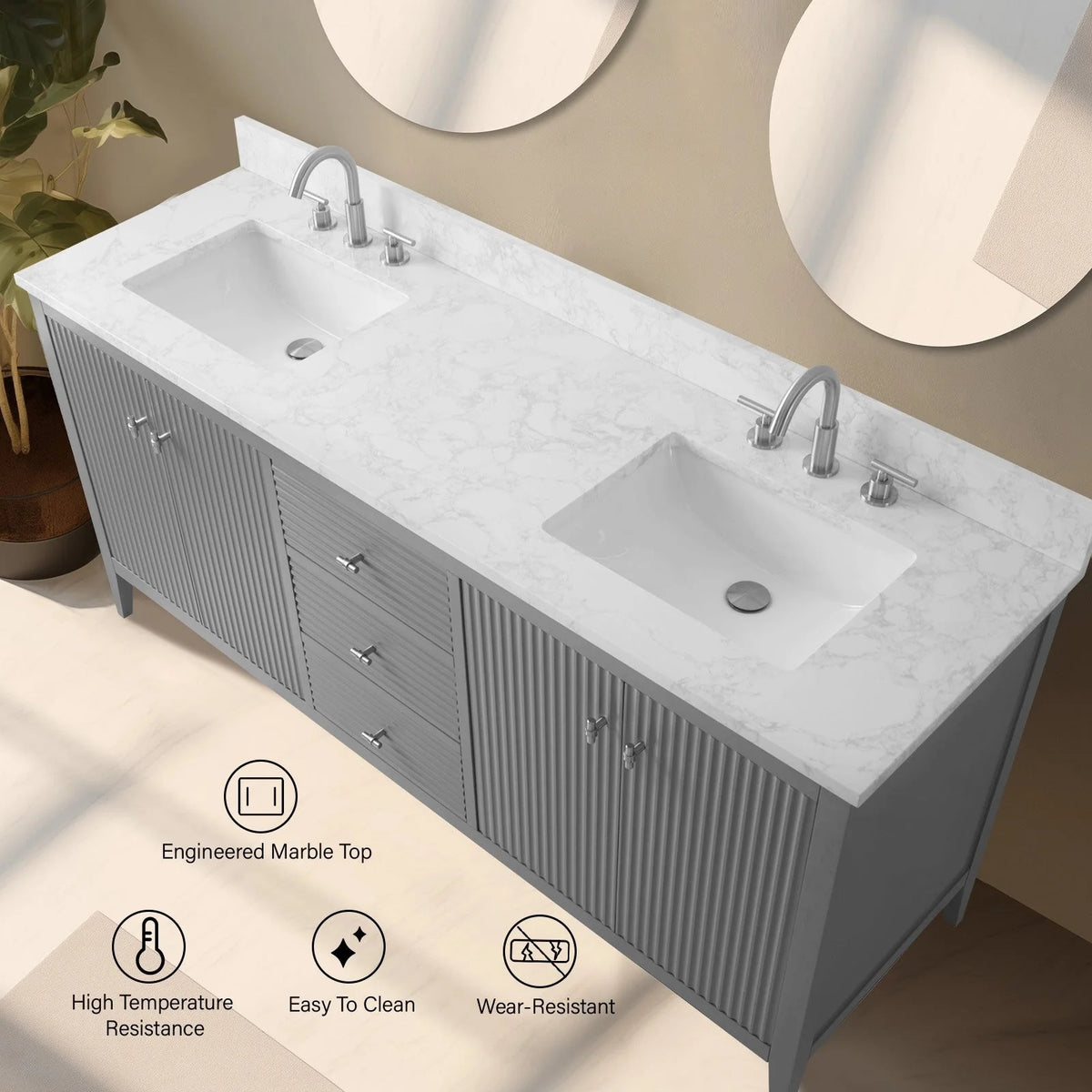 Mobile lavabo doppio Vanity Art 72 per bagno con piano in marmo composito