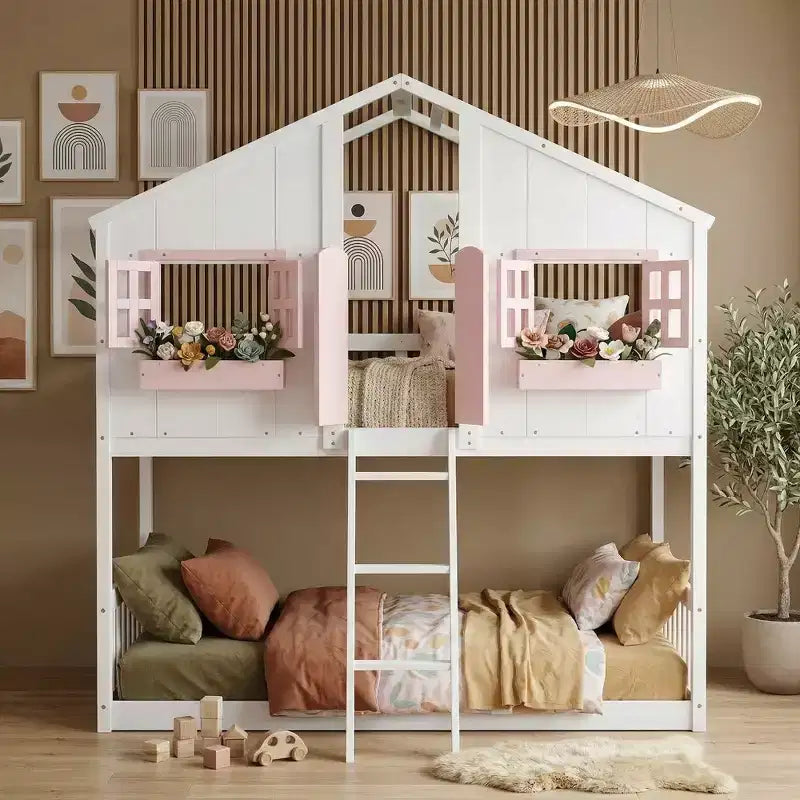 Letto a soppalco a forma di casetta con scaletta e spondine per bambini, in legno, misura singola