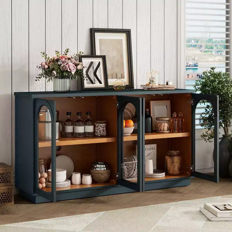 Mobile buffet a 4 ante con ampi spazi e ante in vetro, armadio ad arco con ripiani regolabili per la cucina