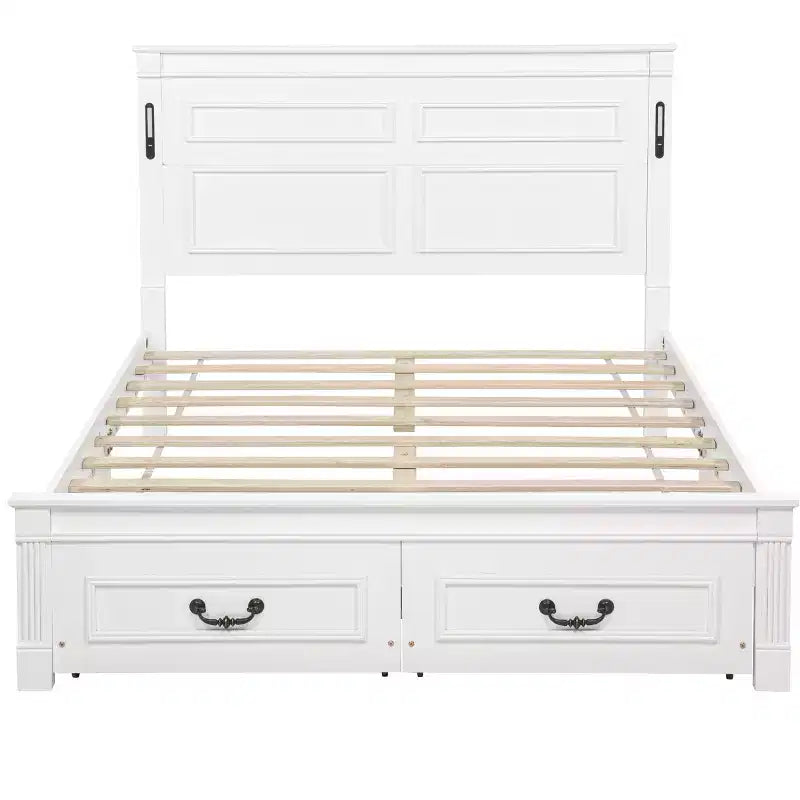 ModernLuxe Letto a Piattaforma Queen/King Size con Testiera Alta, Struttura Letto Rustica in Legno con 2 Cassetti, Luci LED e Porte USB