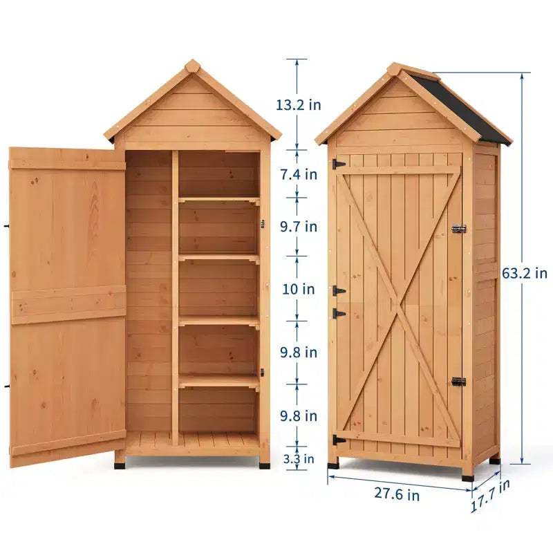 Armadietto porta attrezzi da esterno in legno impermeabile - Ante doppie con serratura, 3 ripiani regolabili e tetto spiovente - Stoccaggio salvaspazio per patio, cortile o prato
