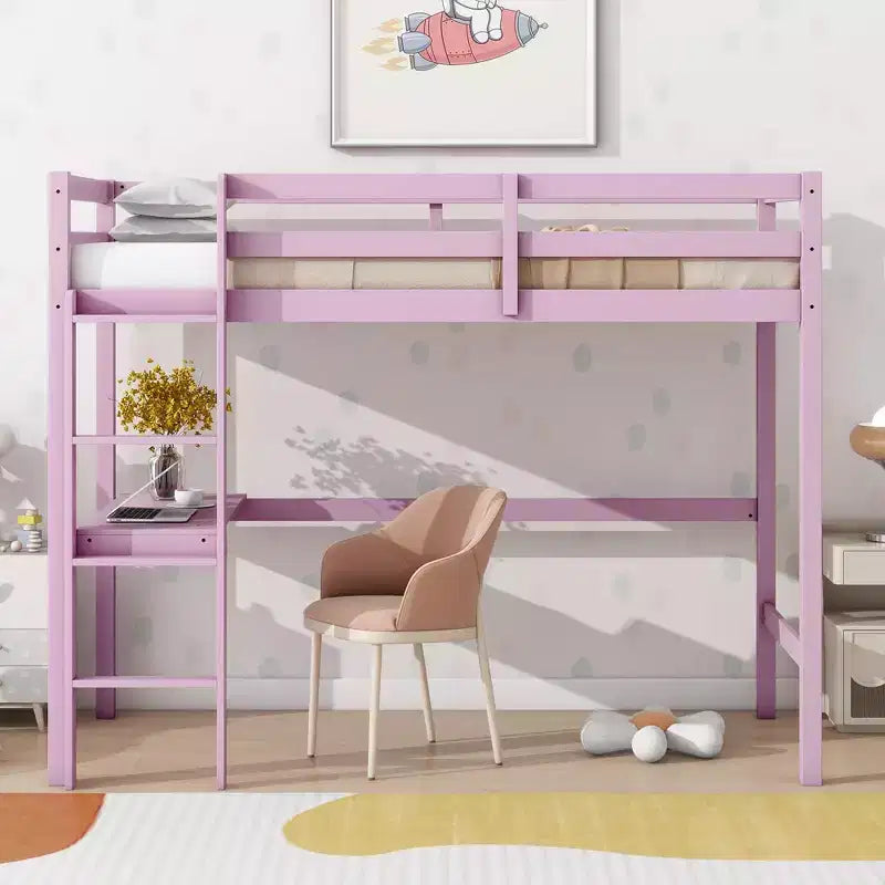 Letto a soppalco Okak Minimalism con scaletta, letto a soppalco singolo in legno di gomma con spondina di sicurezza e scrivania integrata, telai per letti per bambini, ragazzi