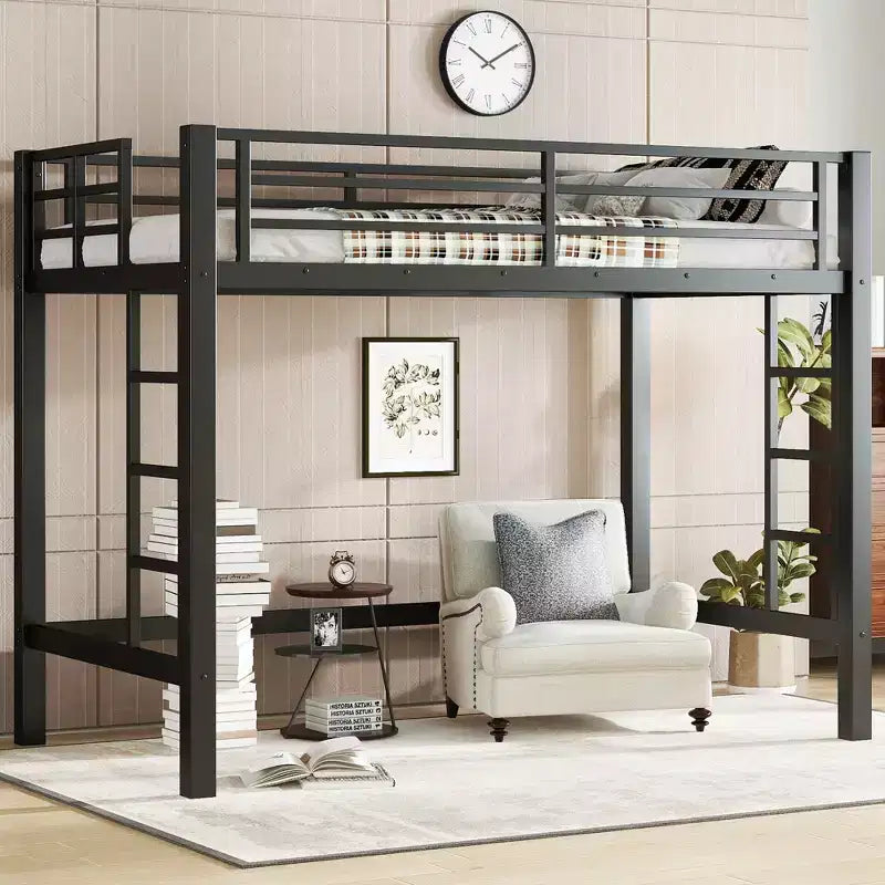 Letto a soppalco in metallo salvaspazio con doppia scaletta e ringhiere, nero - ModernLuxe