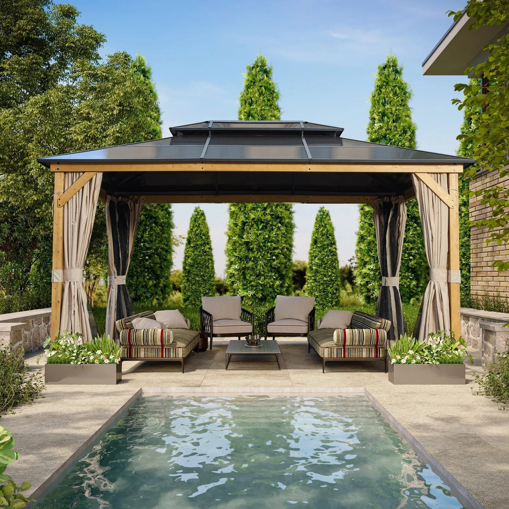 EROMMY Gazebo a tetto rigido, Pergola da esterno con doppio tetto, zanzariere e tende, Tenda da sole resistente per patio, cortile, feste in piscina