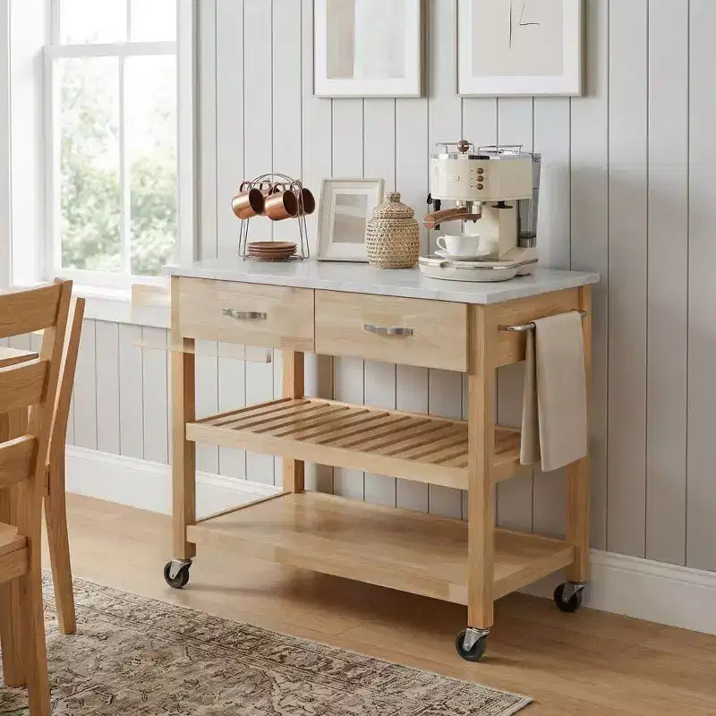 Carrello da Cucina su Ruote con Piano in Marmo, Isola da Cucina in Legno Massello con 2 Cassetti, Carrello da Cucina a 3 Livelli con Ruote Staccabili Bloccabili e Portasciugamani