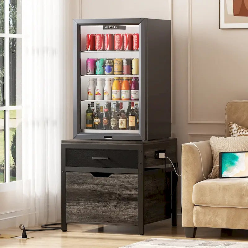 Mini Frigo con Stazione di Ricarica, Tavolino Laterale con Cassetti e Mobiletto su Ruote