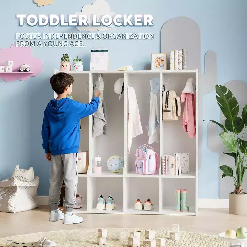 Mobiletto/armadietto a 4 scomparti marrone/bianco con 8 ganci, per bambini