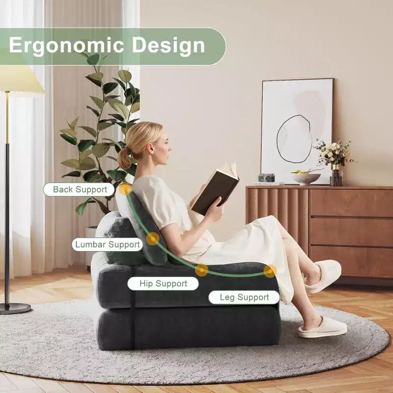 Canapé-lit futon pliant entièrement en velours côtelé, chaise de couchage convertible au sol avec oreiller et dossier