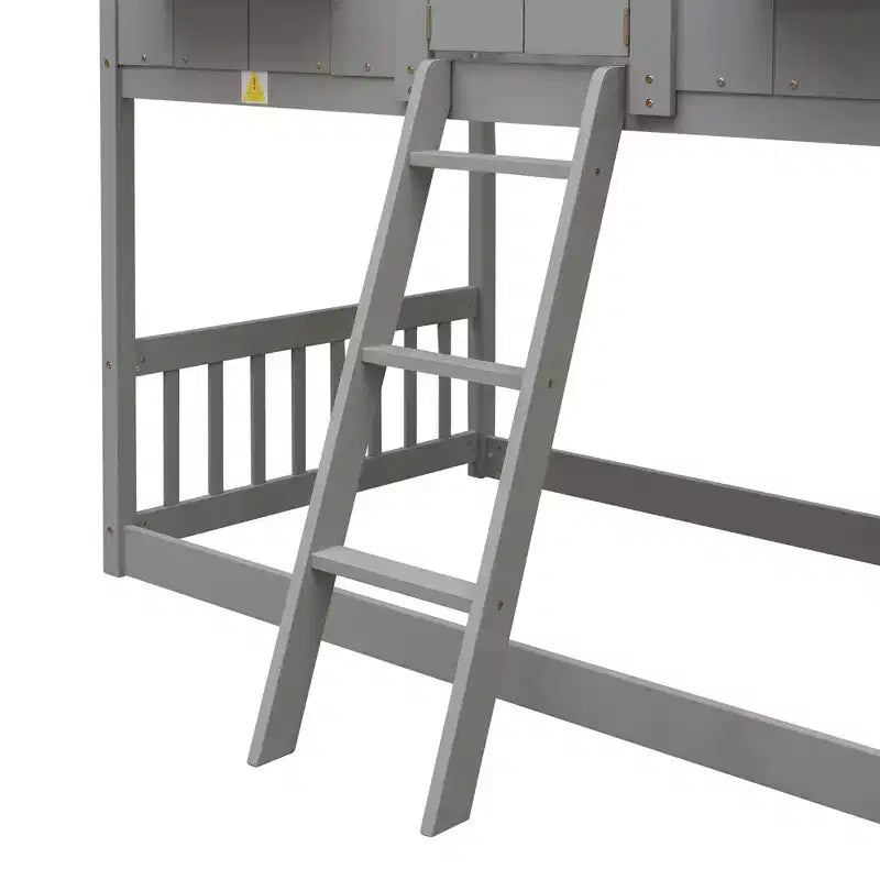 Letto a soppalco a forma di casetta con scaletta e spondine per bambini, in legno, misura singola