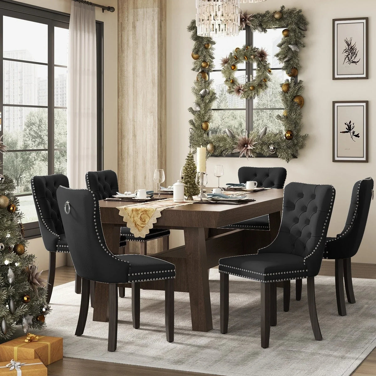 Sedie da pranzo imbottite in velluto trapuntato con gambe in legno massello, set da 6