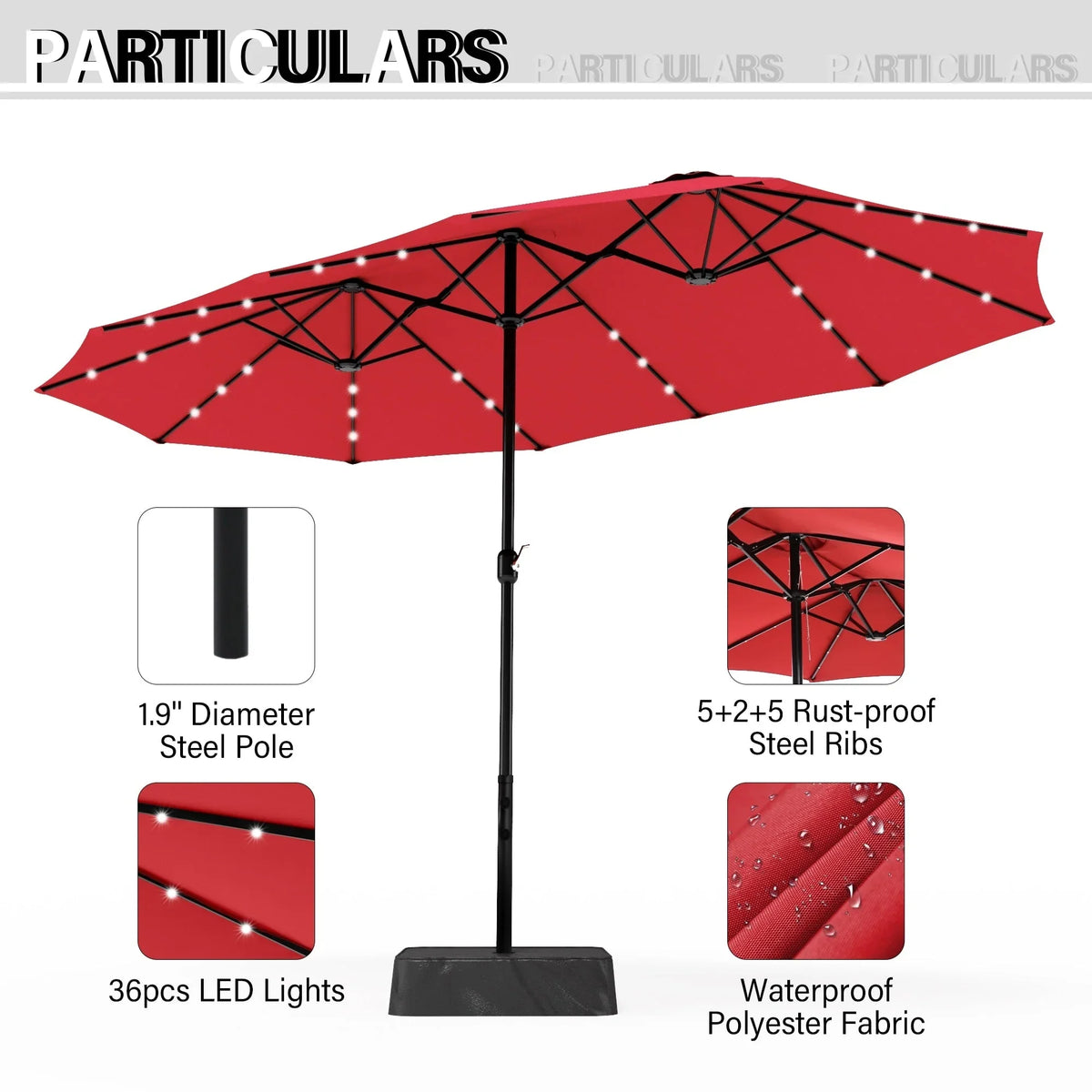 MAISON ARTS Ombrellone rettangolare da esterno a manovella con doppia falda da 4,5 metri, con luci a LED solari e base inclusa