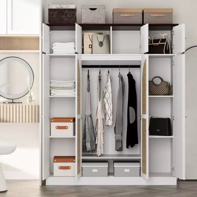 Armadio Guardaroba a 8 Ante di Grande Capacità, Alto 180 cm, con Asta Appendiabiti, Ripiani Regolabili e Ante Decorative in Rattan