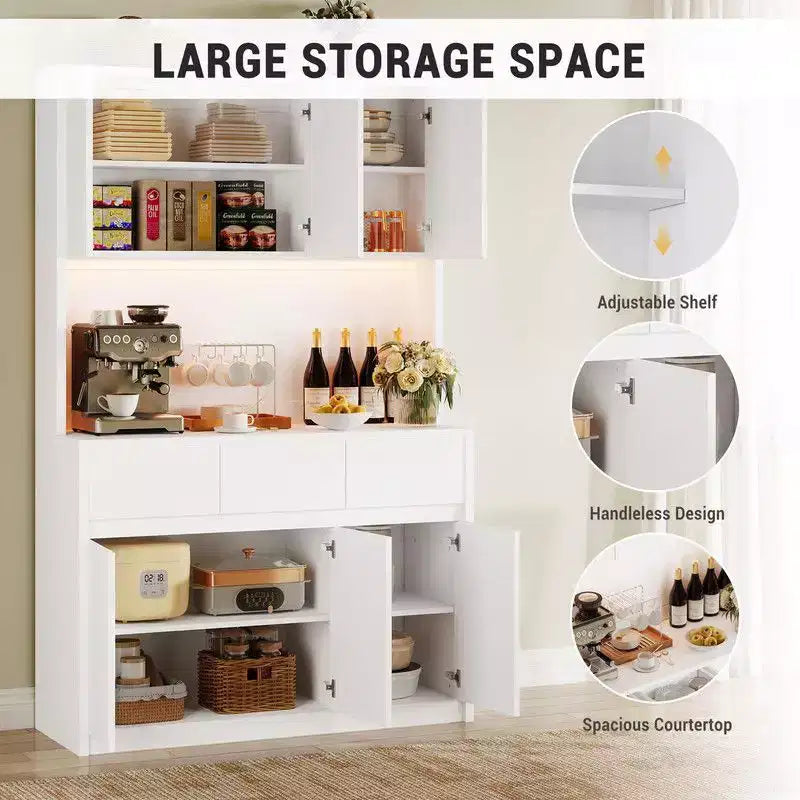 Mobile dispensa da cucina da 71 pollici, mobile dispensa con luci a LED e prese di corrente, mobile buffet con supporto per microonde, ripiani regolabili