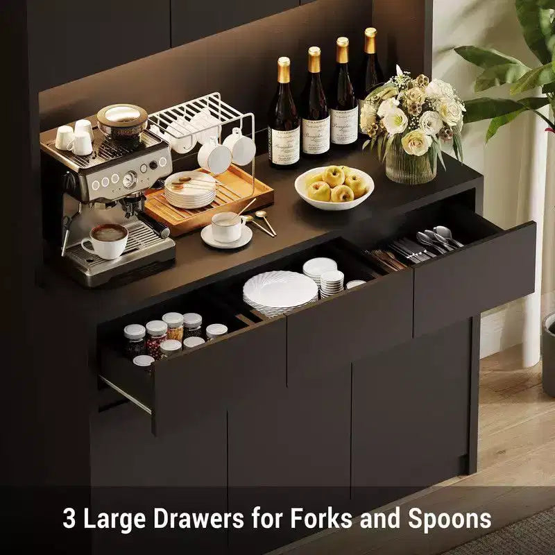 Mobile dispensa da cucina da 71 pollici, mobile dispensa con luci a LED e prese di corrente, mobile buffet con supporto per microonde, ripiani regolabili