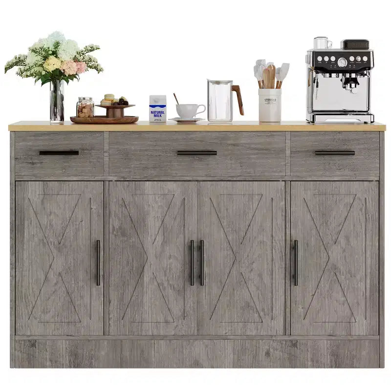 Mobile Buffet Celebalcony con Contenitore, Grande Mobile Contenitore da Cucina da 53,4 pollici con 3 Cassetti e 4 Ante, Ripiano Regolabile per Cucina, Soggiorno