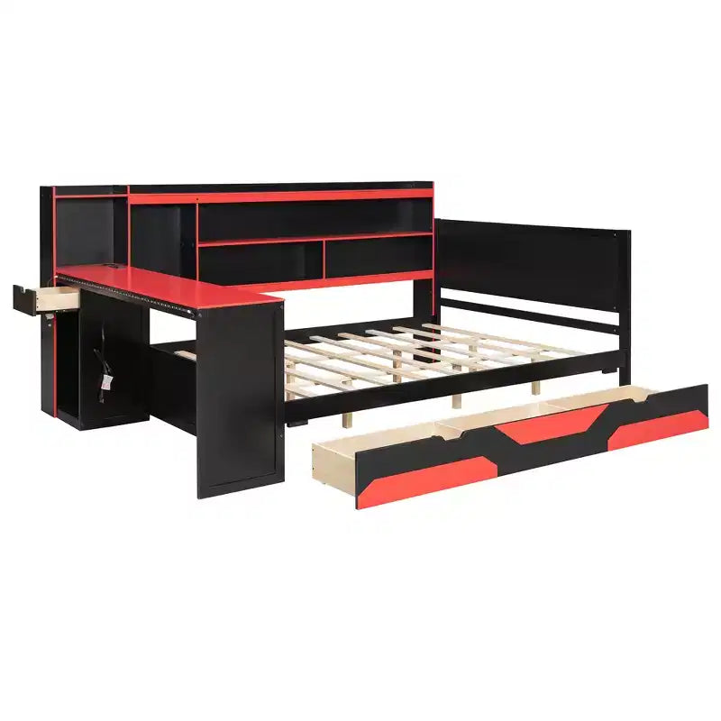 Daybed da gioco completo/queen size con testiera libreria, luci LED, scrivania integrata, cassetti e stazione di ricarica