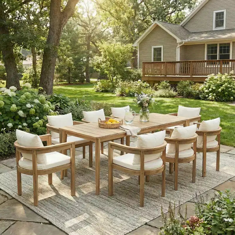Christopher Knight Home Irene Set da pranzo da esterno rustico a 9 pezzi in legno di acacia con sedie con schienale curvo e cuscini