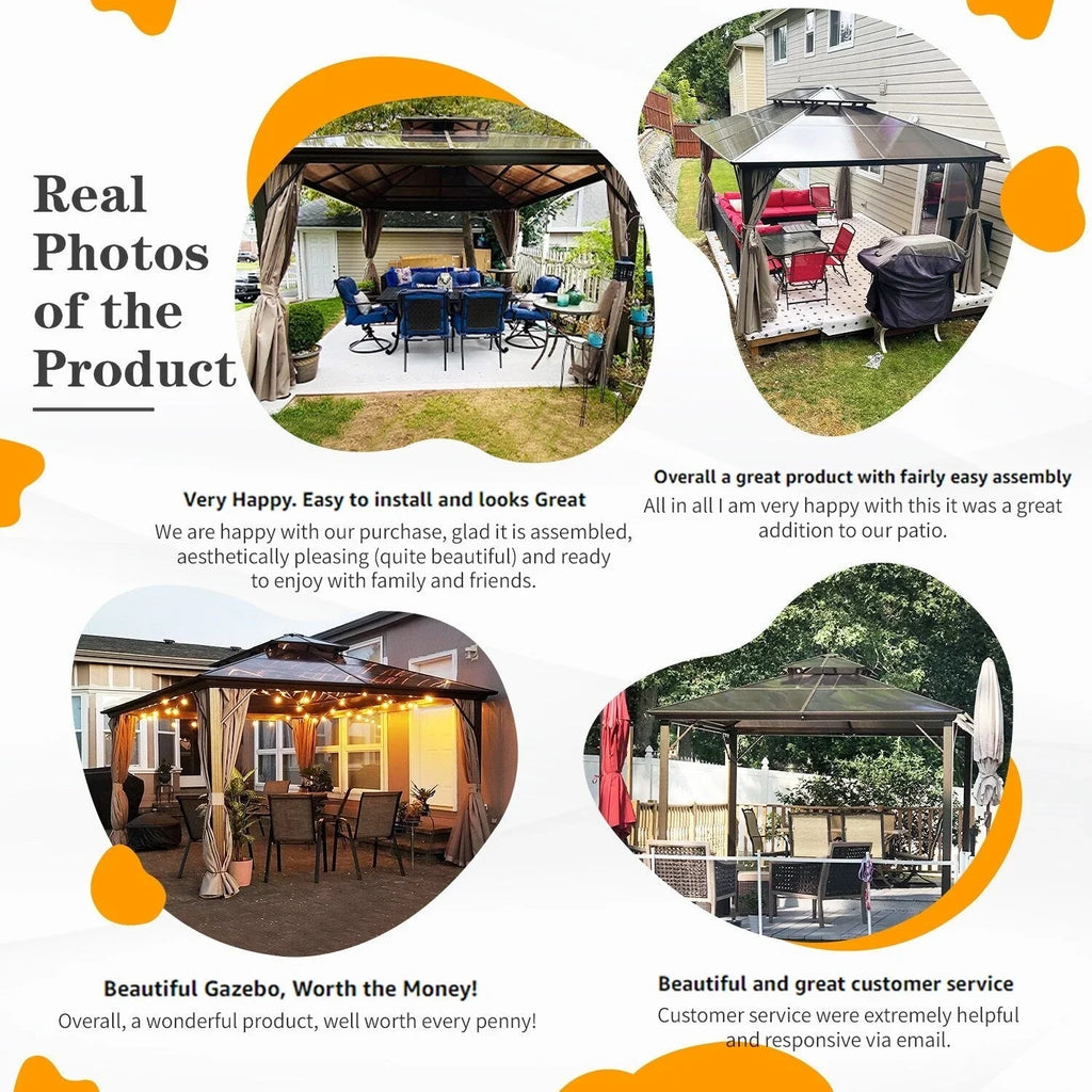 EROMMY Gazebo a tetto rigido, Pergola da esterno con doppio tetto, zanzariere e tende, Tenda da sole resistente per patio, cortile, feste in piscina