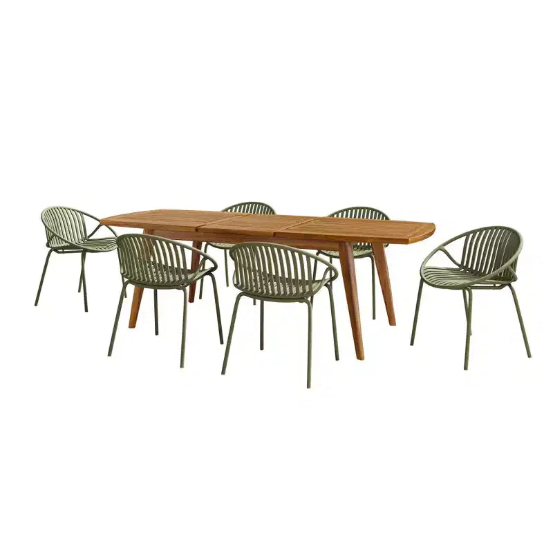 Set da pranzo da esterno allungabile da 7 pezzi con sedie impilabili, tavolo in legno di acacia