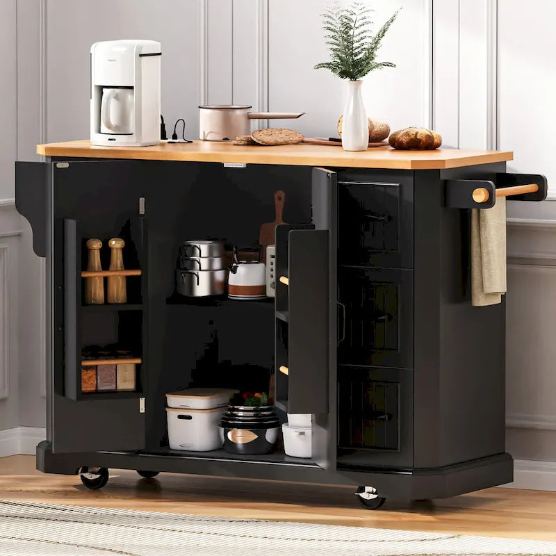 Isola Cucina Espandibile con Ante a Scomparsa, Carrello Cucina su 4 Ruote con Presa Elettrica, Tavolo Isola Mobile con 2 Ante e 6 Cassetti
