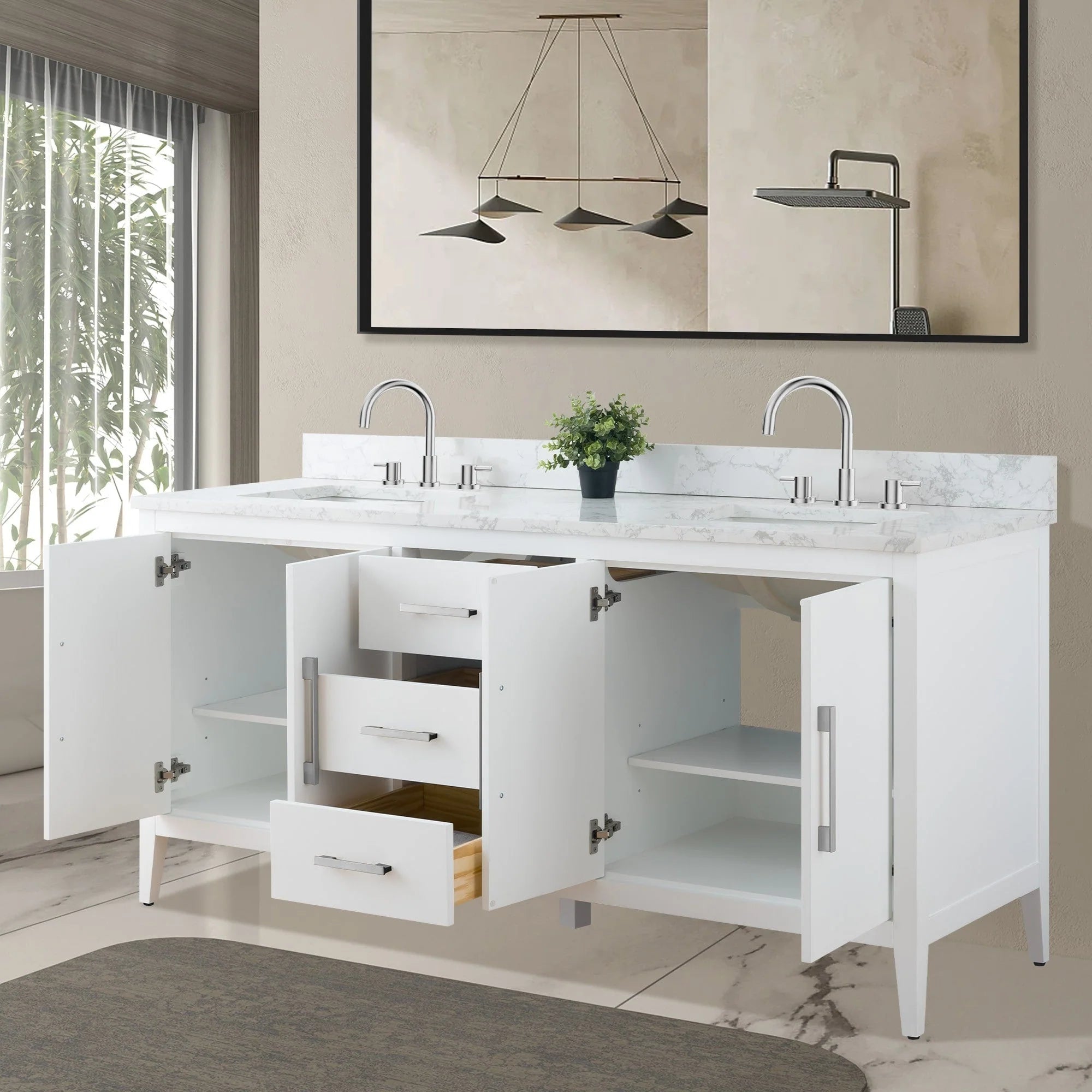 Mobile lavabo doppio Vanity Art 72 per bagno con piano in marmo composito