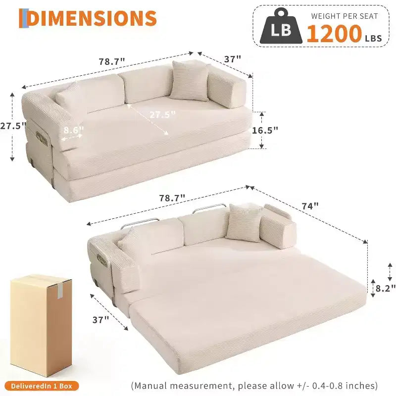 Divano Letto Convertibile 5-in-1, Divano Letto Modulare in Velluto a Coste da 78,8 Pollici con Struttura Robusta, Futon Multifunzionale per Piccoli Spazi, Soggiorno e Camera degli Ospiti