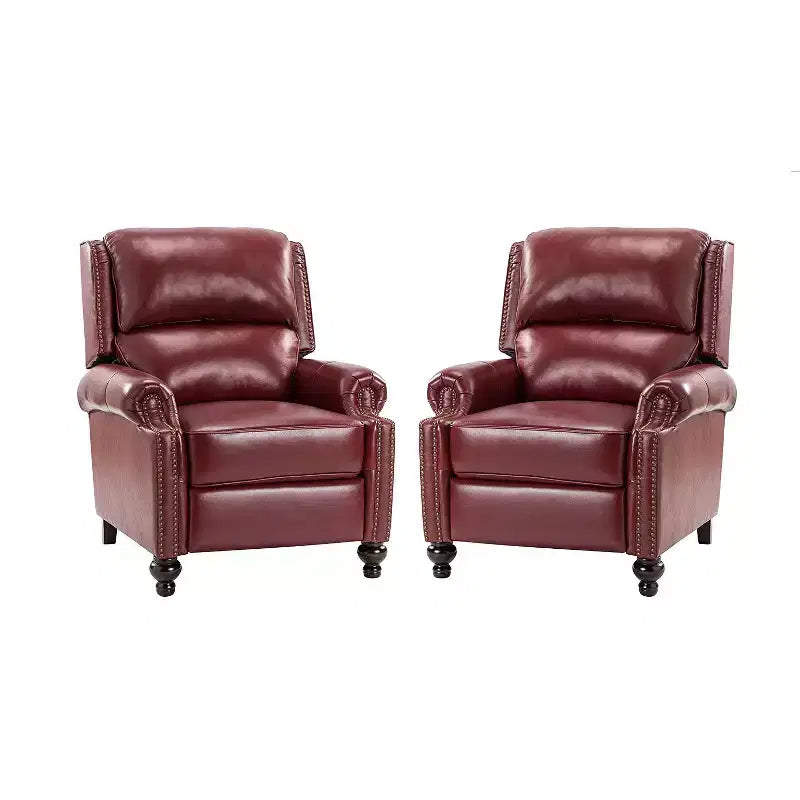 Ensemble de 2 fauteuils inclinables modernes en cuir véritable Elisabete avec garniture cloutée vintage pour salon et chambre à coucher | ART OF LIVING DESIGNS