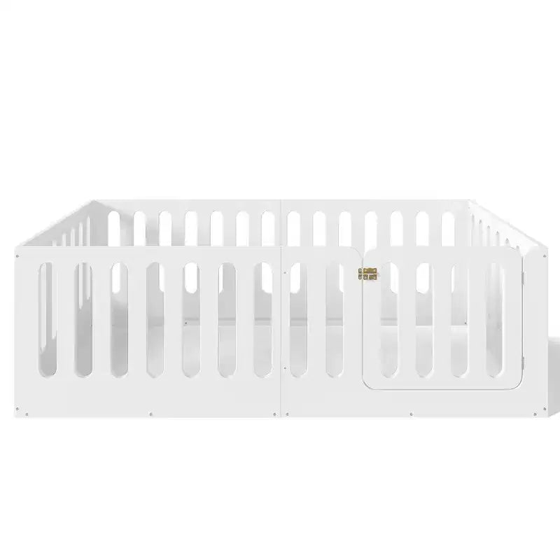 Lettino Montessori da Pavimento Bianco Doppio con Sbarre e Porta – Legno Massello, 1 Bambino