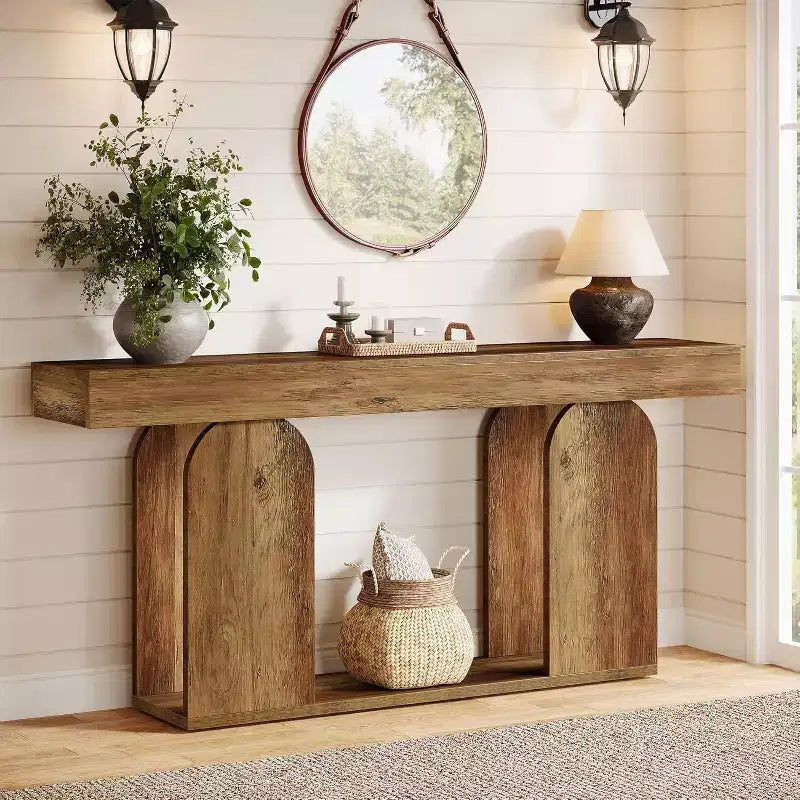 Tavolo consolle Lantine extra lungo da 180 cm in stile rustico con ripiano portaoggetti in legno a 2 livelli, adatto per corridoio, soggiorno, ingresso, marrone vintage.
