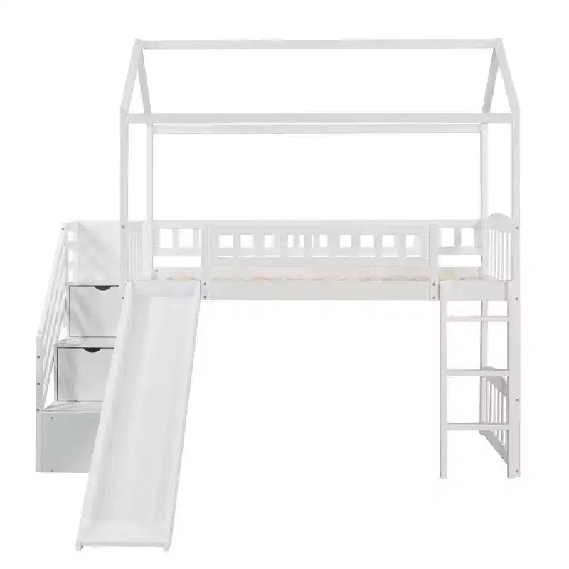 Letto a soppalco a castello con scivolo e scale, letto a soppalco con cassetti contenitori, letto a soppalco in legno a capanna per bambini e neonati