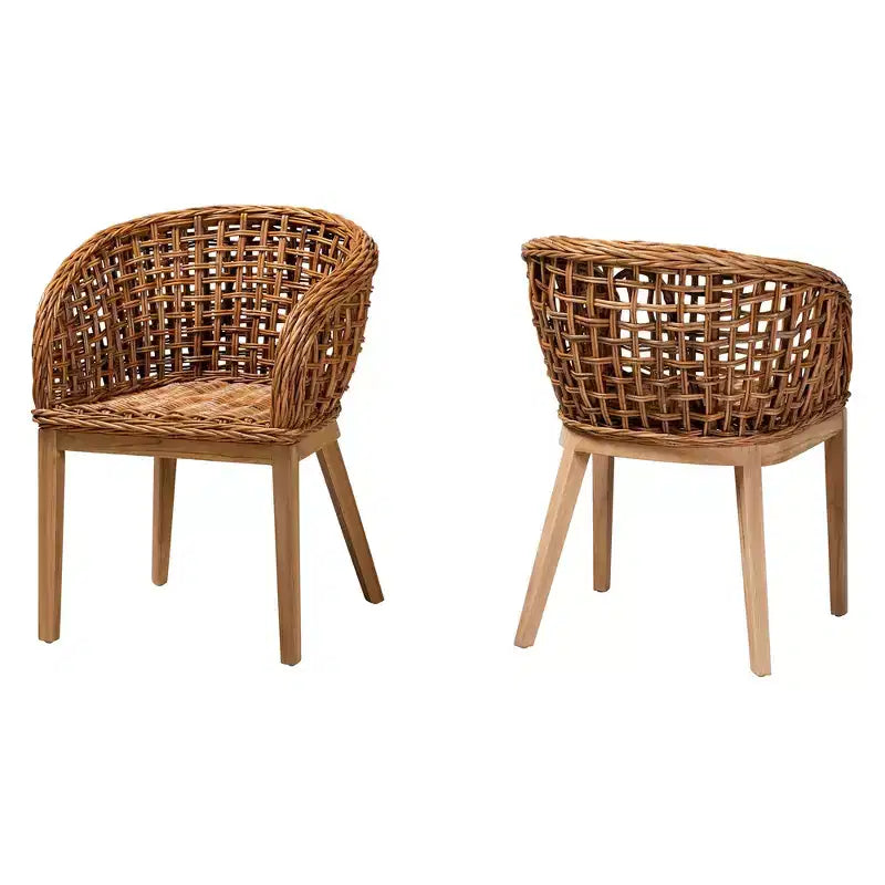 bali & pari Mario Set di 2 sedie da pranzo in legno di teak con finitura marrone naturale e rattan, stile bohémien moderno
