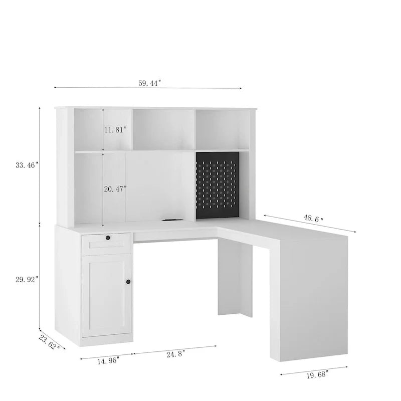 Scrivania a L con presa di corrente, scrivania per computer con cassetti, libreria e mobiletto, scrivania angolare moderna, scrivania per ufficio domestico
