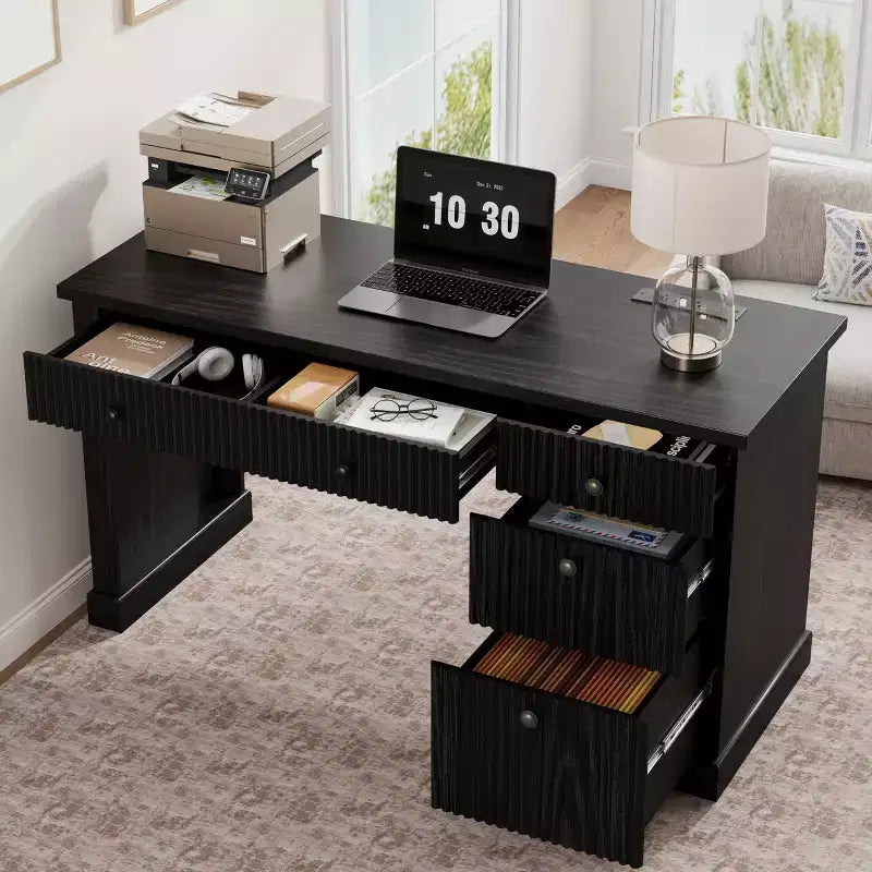 Meuble de rangement de bureau cannelé, bureau de direction moderne de 54 po avec station de recharge, bureau d'ordinateur en bois avec tiroirs classeurs pour bureau d'étude