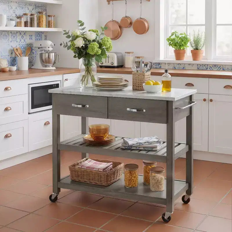 Carrello da Cucina su Ruote con Piano in Marmo, Isola da Cucina in Legno Massello con 2 Cassetti, Carrello da Cucina a 3 Livelli con Ruote Staccabili Bloccabili e Portasciugamani