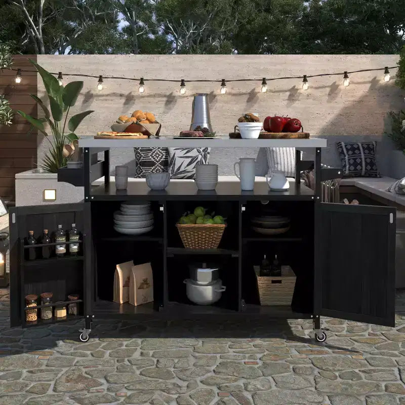 Isola per cucina Okak Outdoor con piano in acciaio inossidabile, carrello da cucina in legno con ante, ripiani e porta spezie, isola da cucina con ruote