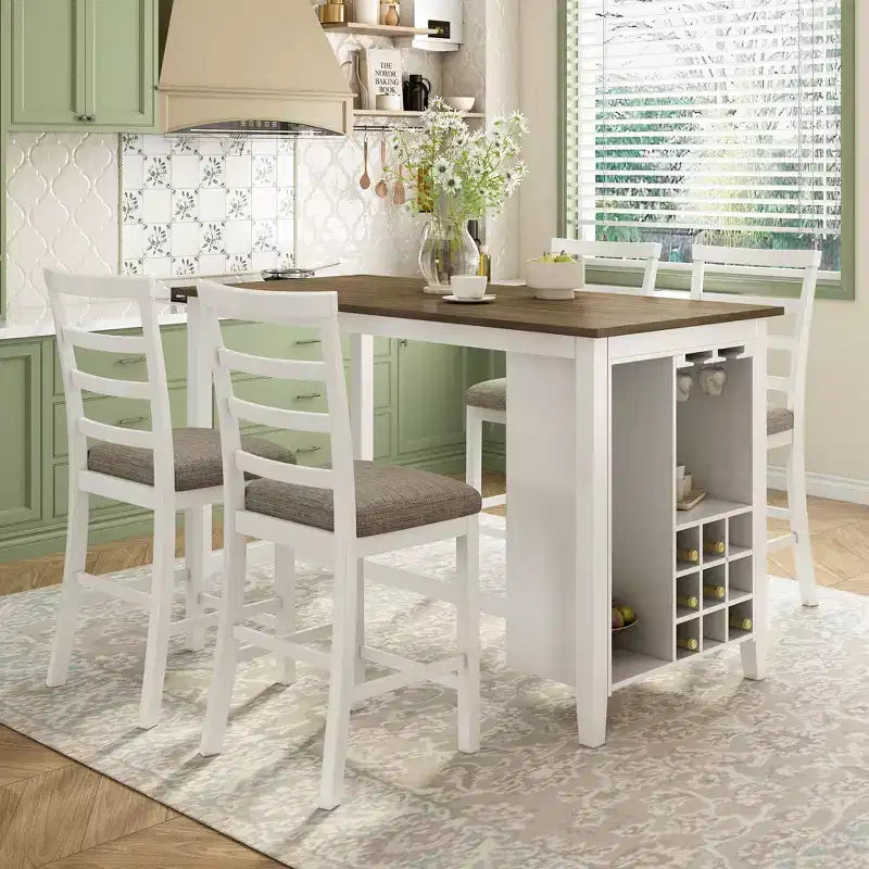 Set da pranzo da 5 pezzi in stile rustico ad altezza bancone con sedie per 4 persone, tavolo rettangolare in legno con ripiani e scomparto per bar/vino