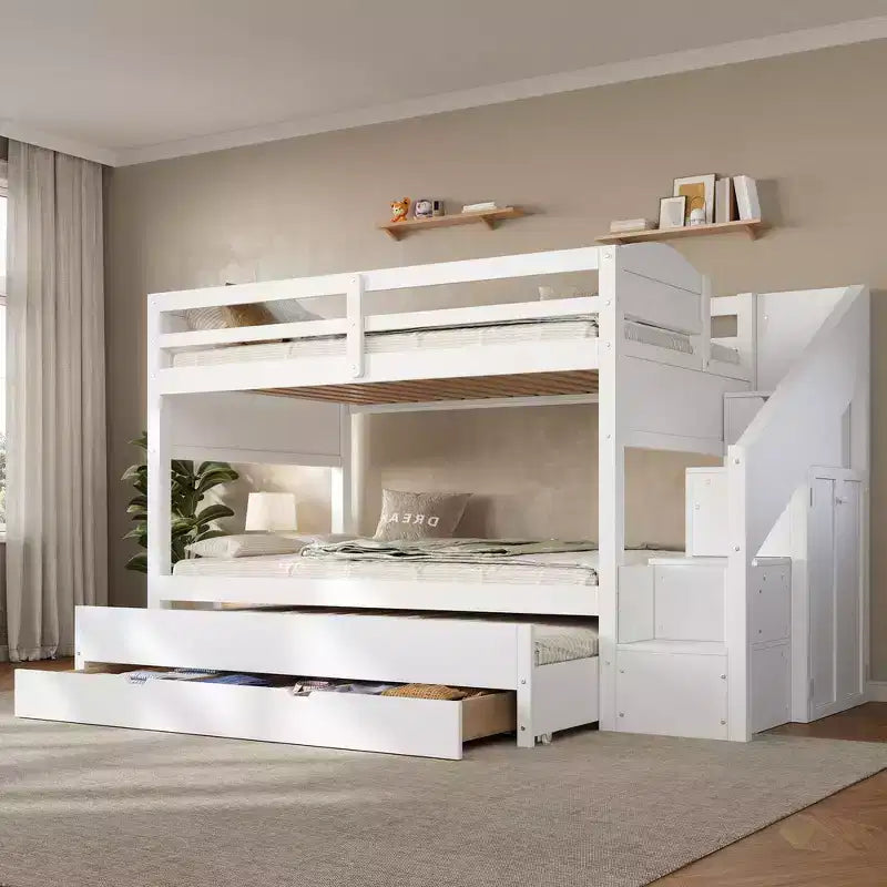 Whisen Letto a castello Twin XL con rotelle estraibili, letto a castello con contenitore, letto a castello in legno massello, scala con contenitore, armadio, 3 cassetti, per bambini