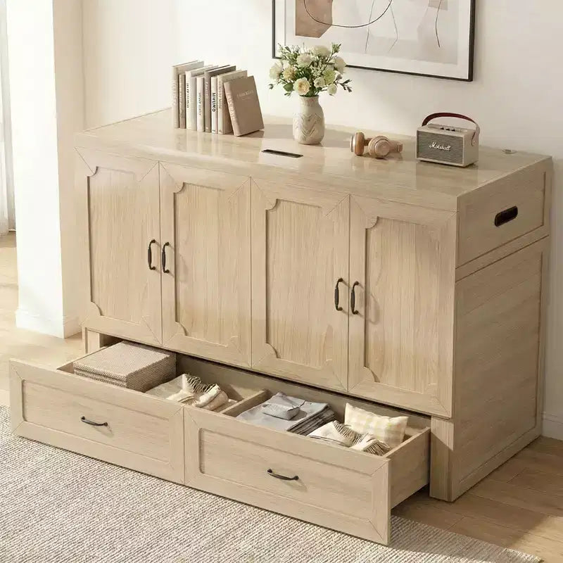 Letto a scomparsa matrimoniale Mjkone con materasso, ricarica USB, cassetti portaoggetti