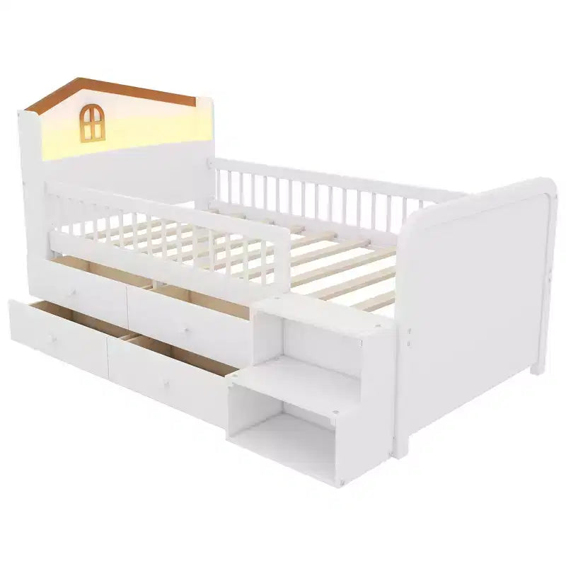 Letto a soppalco basso Whisen con luci a LED, testiera a forma di casetta e cassetti portaoggetti, struttura solida
