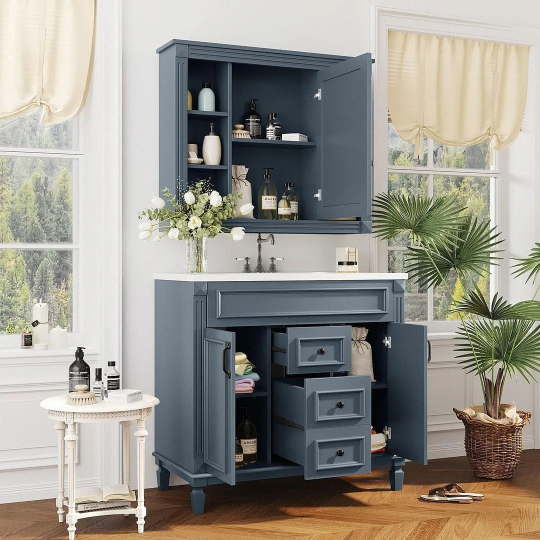 Mobile Bagno Moderno da 90cm con Lavabo Integrato e Specchiera, 2 Ante e 2 Cassetti