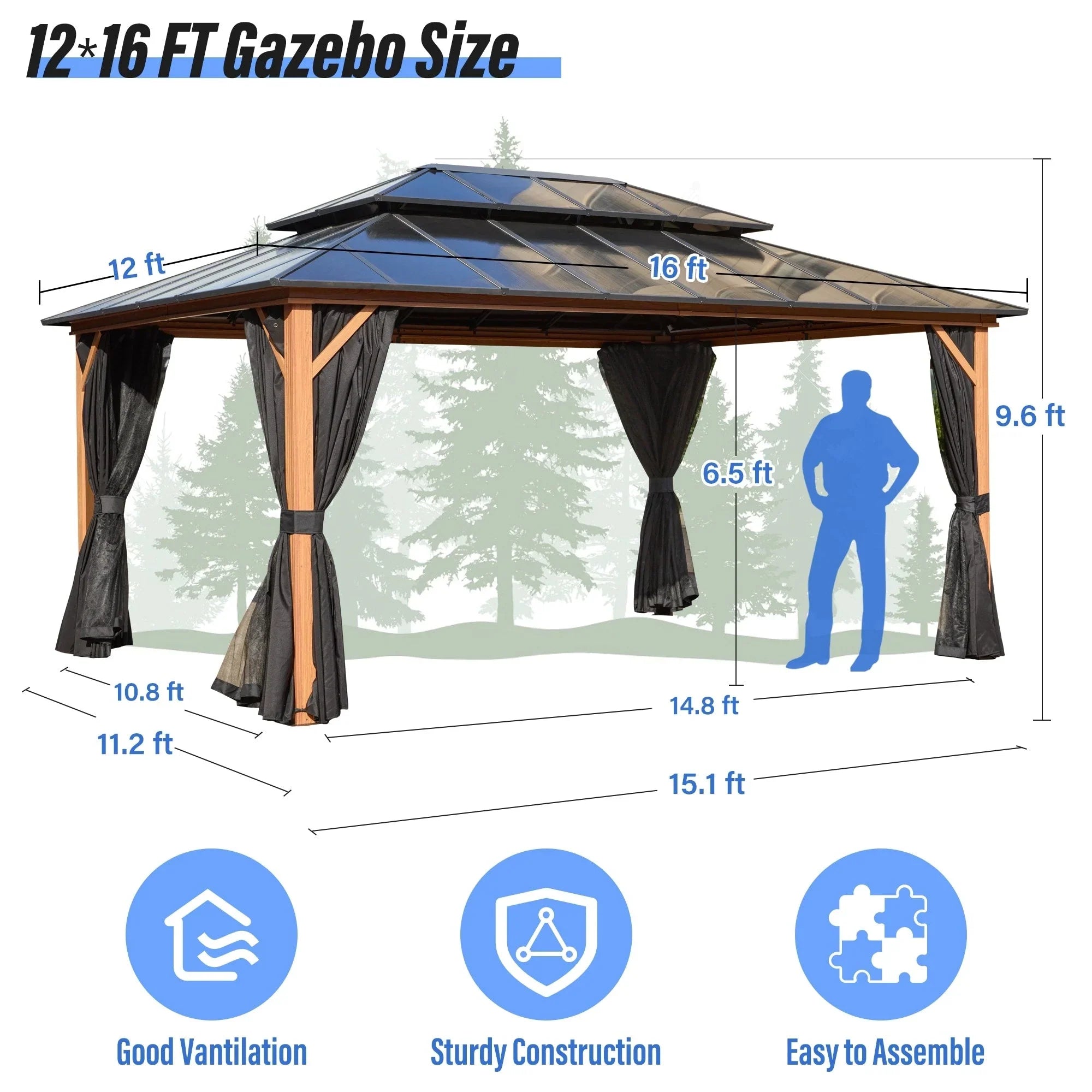 EROMMY Gazebo a tetto rigido, Pergola da esterno con doppio tetto, zanzariere e tende, Tenda da sole resistente per patio, cortile, feste in piscina