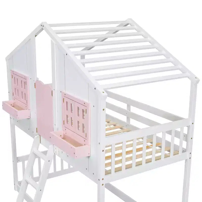Letto a soppalco a forma di casetta con scaletta e spondine per bambini, in legno, misura singola