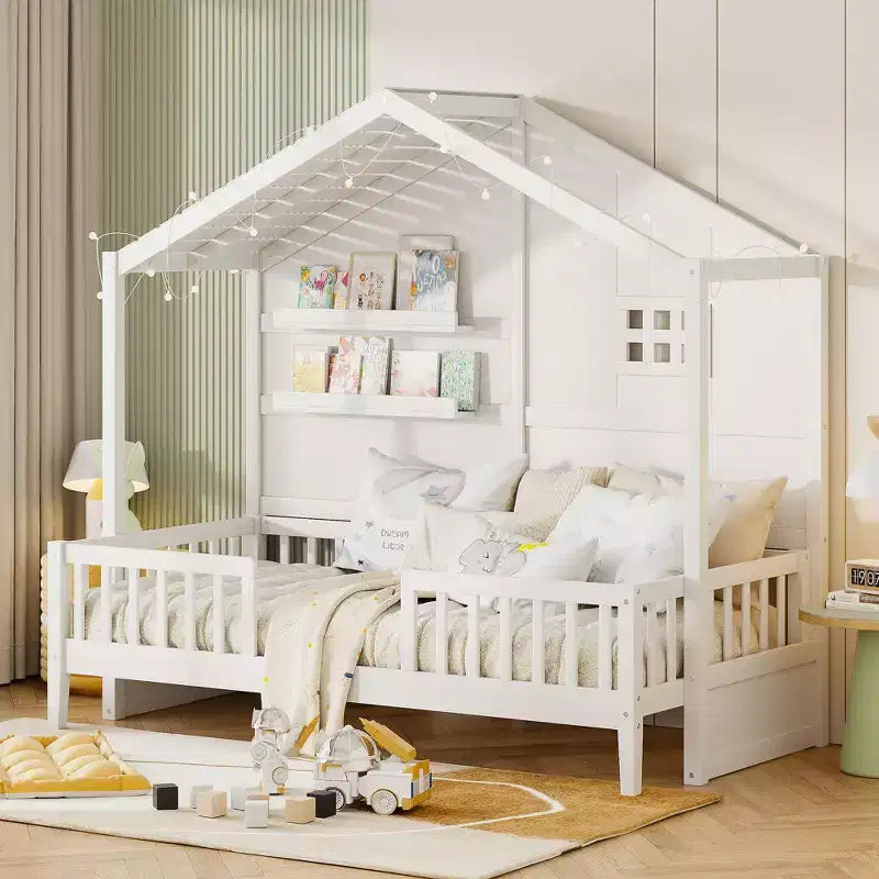 Letto a capanna per bambini con scaffali e sponde, Struttura letto in legno stile Montessori per bambini con finestra e striscia luminosa scintillante