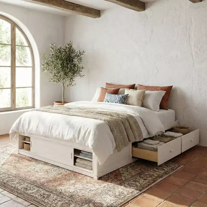 Struttura letto a piattaforma Whisen Queen con 4 cassetti e contenitore nella pediera