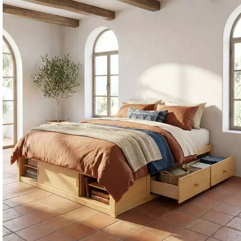 Struttura letto a piattaforma Whisen Queen con 4 cassetti e contenitore nella pediera