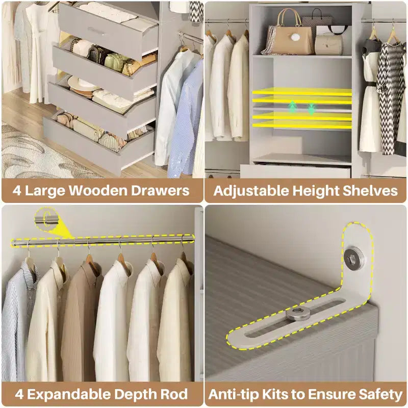 Besiost Sistema Organizer per Armadio in Legno 4-9 piedi con 4 Cassetti, 4 Aste Appendiabiti e Torri Scaffale